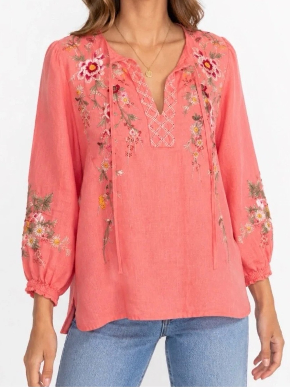 Johnny Was Coral Embroidered 100% Linen Tunic Blouse Size Medium
